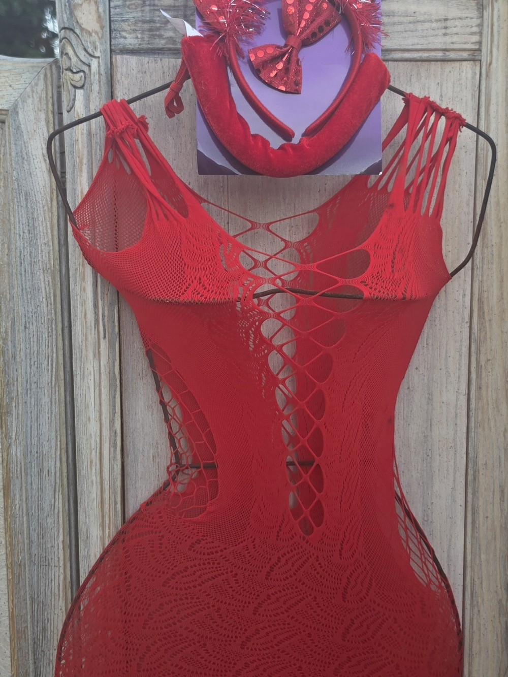 Red Strappy Lace-Effect Sheer Bodycon Slip Dress W/devil Ears Tail And Bow Tie